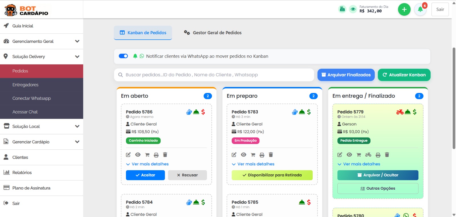 Gestão de pedidos — Kanban